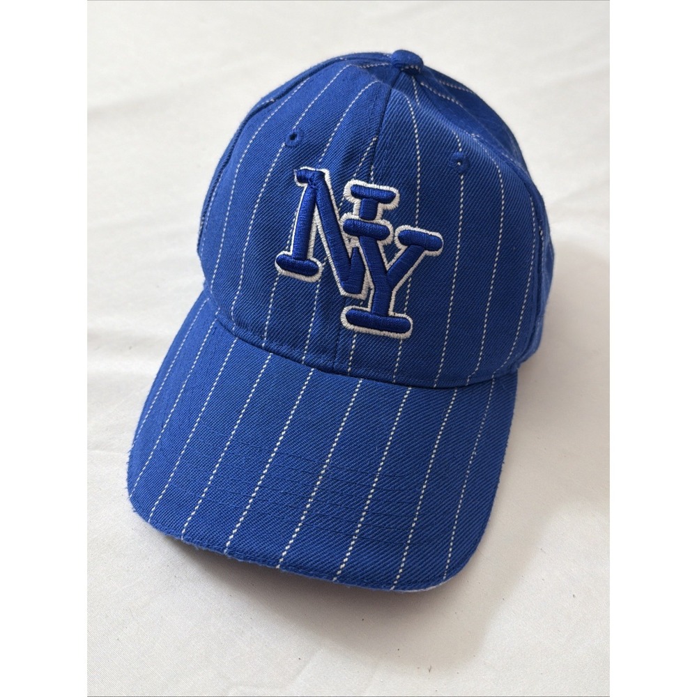 NY Strapback Baseball Cap Blue One Size Adjustable Embroidered Striped 6 Panel